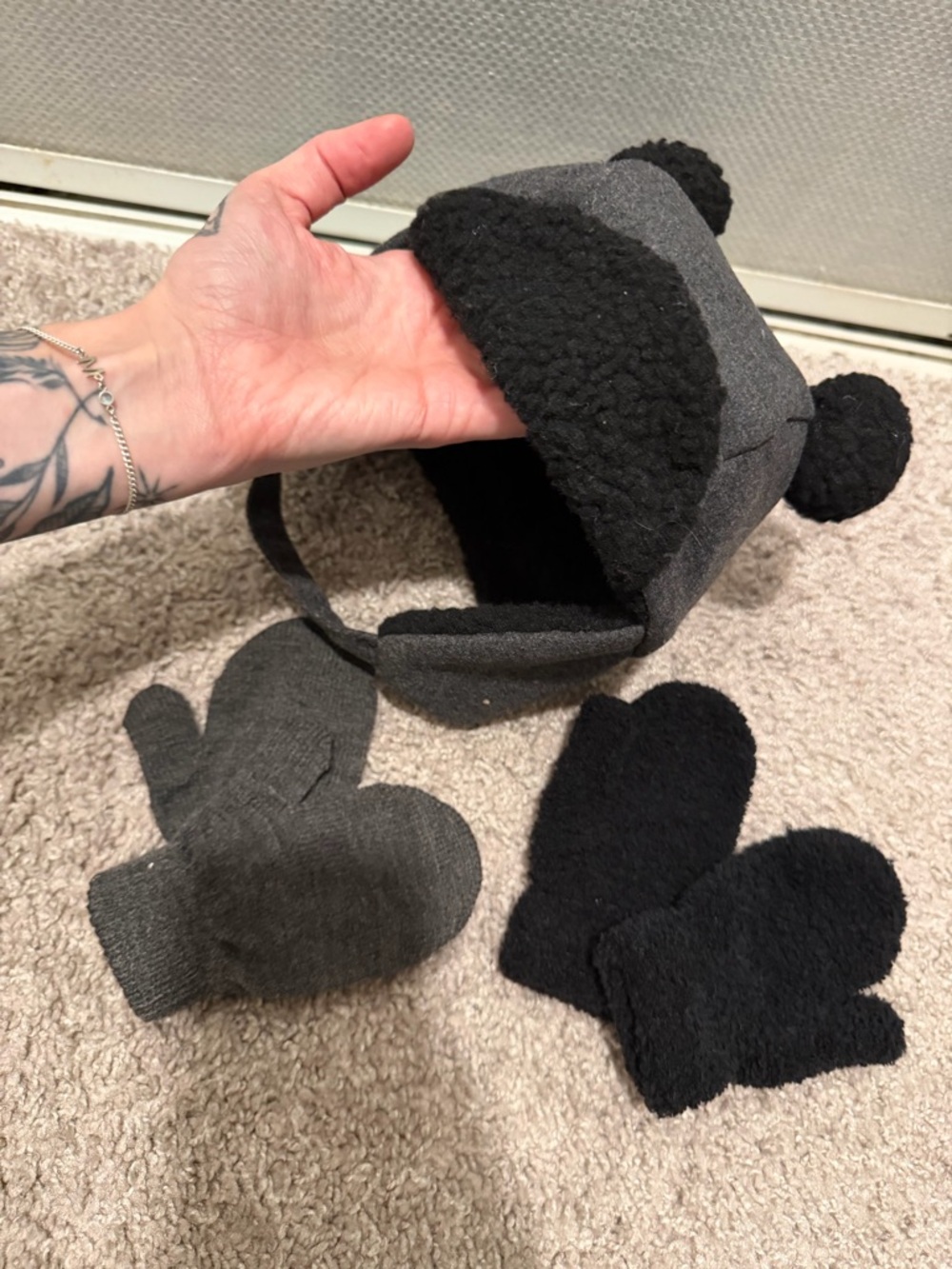 Grey & Black Pom Pom Earflap Hat with Matching Mittens- 12-24 month- like new